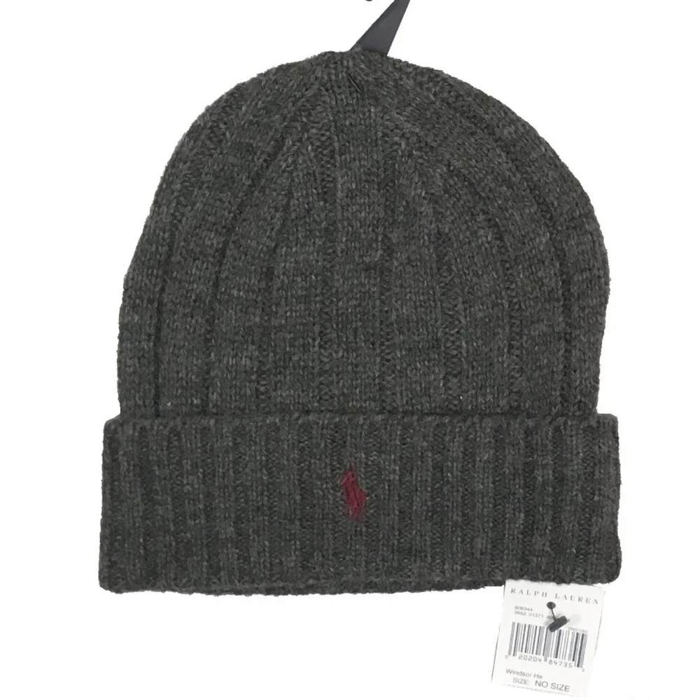 NEW Polo Ralph Lauren Winter Beanie Hat! Gray With Maroon Polo Player Ribbed